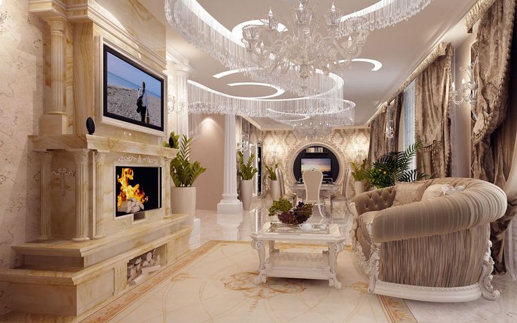 Роскошная гостиная с мраморным камином